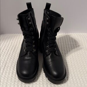 BP Taylor-Lea Black Leather Side Zip Lace Up Ankle Combat Boots SZ 8.5